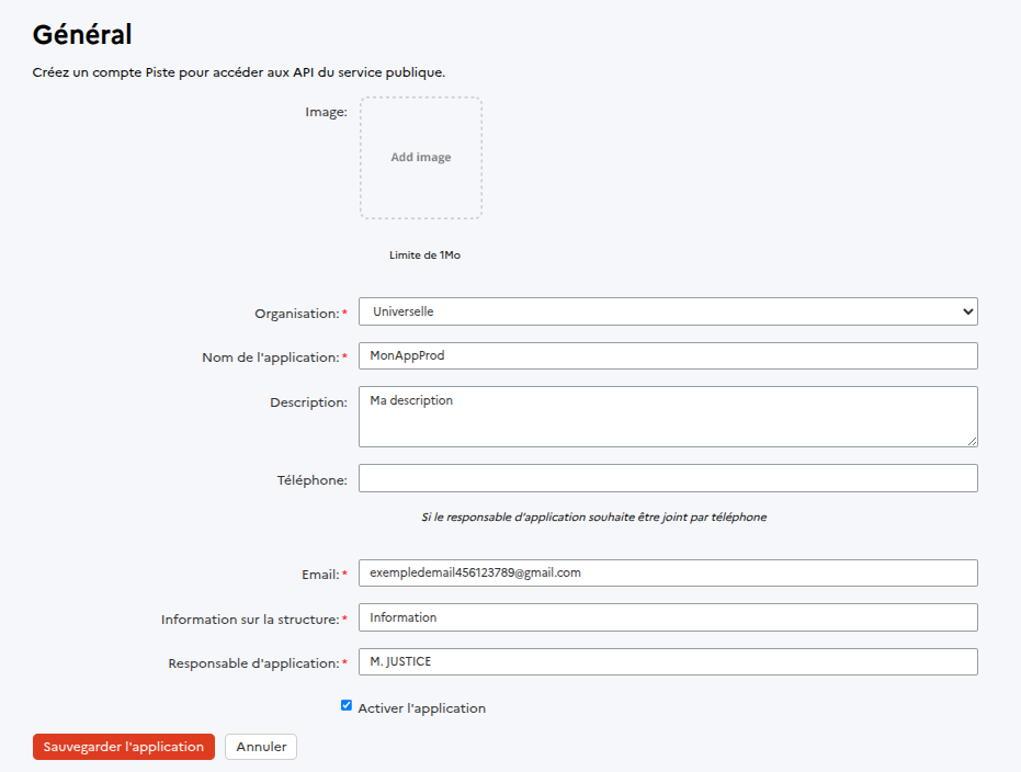 Formulaire Général de création d'application